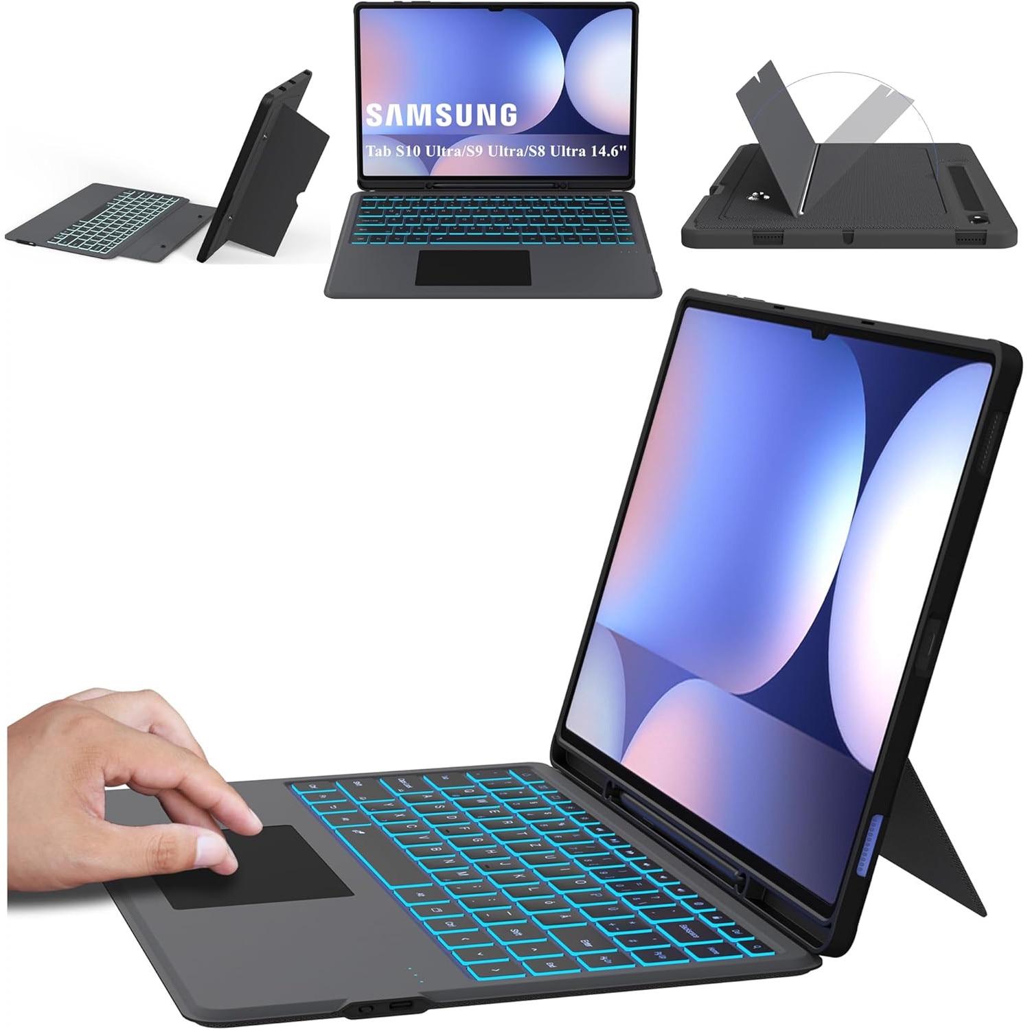 Etui cu tastatura detasabila ROOFEI QWERTZ pentru Samsung Galaxy Tab S10/S9/S8 Ultra 14.6, trackpad, protectie solida, negru