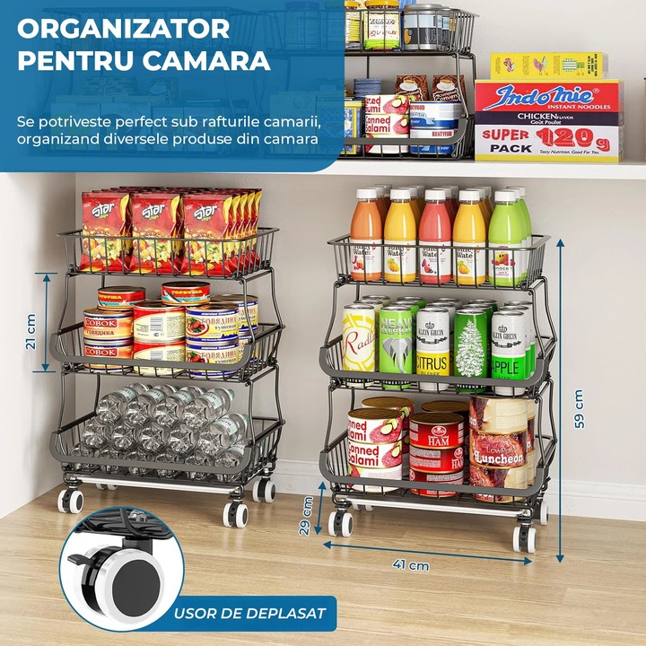 Organizator Bucatarie 3 Nivele Elindor® Carucior cu Roti, Ajustabil, Multifunctional, Raft Mobil Organizare Baie, Camara, Birou, Bar, Dulap Metalic pentru Depozitare Legume, Fructe, Detergenti, Parfumuri, 5x Cutie Detasabila, 41 × 29 × 59 cm, Negru