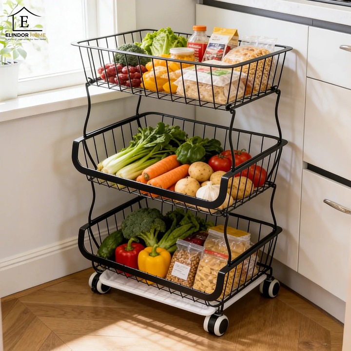 Organizator Bucatarie 3 Nivele Elindor® Carucior cu Roti, Ajustabil, Multifunctional, Raft Mobil Organizare Baie, Camara, Birou, Bar, Dulap Metalic pentru Depozitare Legume, Fructe, Detergenti, Parfumuri, 5x Cutie Detasabila, 41 × 29 × 59 cm, Negru