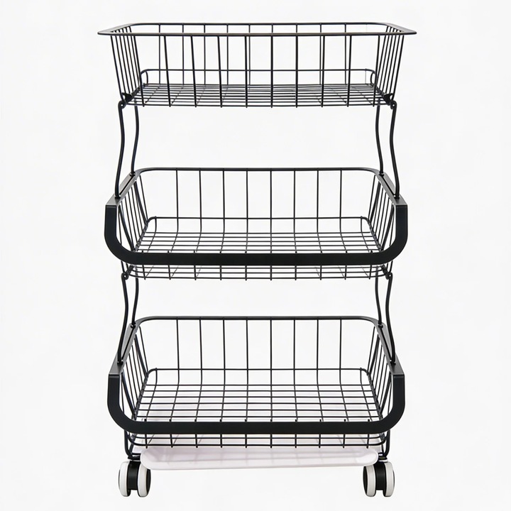 Organizator Bucatarie 3 Nivele Elindor® Carucior cu Roti, Ajustabil, Multifunctional, Raft Mobil Organizare Baie, Camara, Birou, Bar, Dulap Metalic pentru Depozitare Legume, Fructe, Detergenti, Parfumuri, 5x Cutie Detasabila, 41 × 29 × 59 cm, Negru