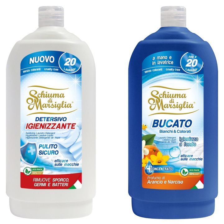 Pachet Detergent Lichid Schiuma di Marsiglia Igienizant + Arancio & Narciso, pentru Rufe Albe si Colorate, 2 x 1L, Curatare Profunda, Igienizare si Parfum Citrice-Floral, Spalare Manuala si Automata
