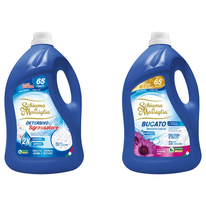 Pachet Economic Detergent Lichid Schiuma di Marsiglia Sgrassatore și Ametista Rosa, 2 x 5L, rufe albe și colorate, până la 130 spălări