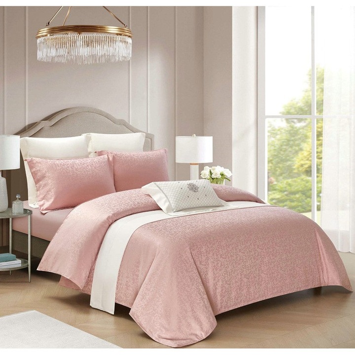 Lenjerie de pat dublu, Jacquard satinat, 4 piese, cearceaf cu elastic 180x200 cm, husa pilota 200x230 cm, 2 fete perne 55x80 cm cod JQ08