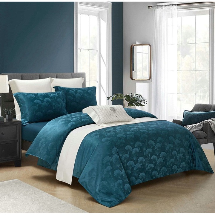 Lenjerie de pat dublu, Jacquard satinat, 4 piese, cearceaf cu elastic 180x200 cm, husa pilota 200x230 cm, 2 fete perne 55x80 cm cod JQ12