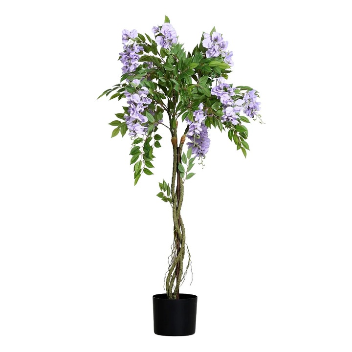 Planta decorativa artificiala glicina cu flori mov in ghiveci, inaltime 120 cm