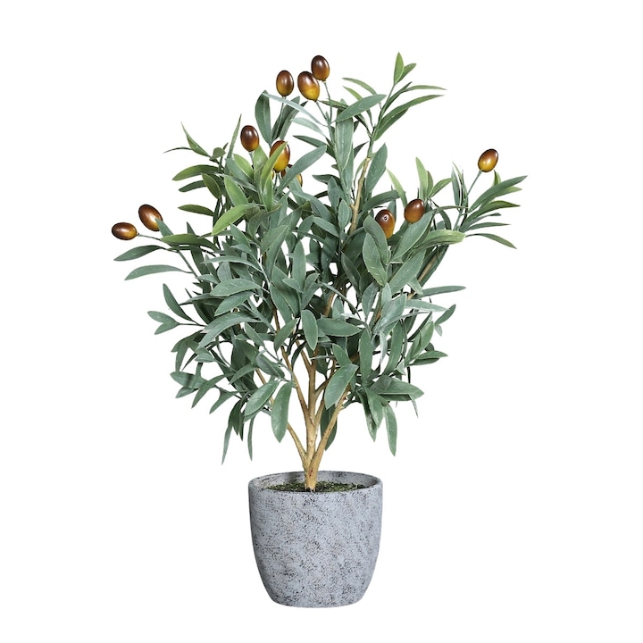Planta decorativa, maslin artificial cu fructe, in ghiveci ceramic gri, inaltime 48 cm
