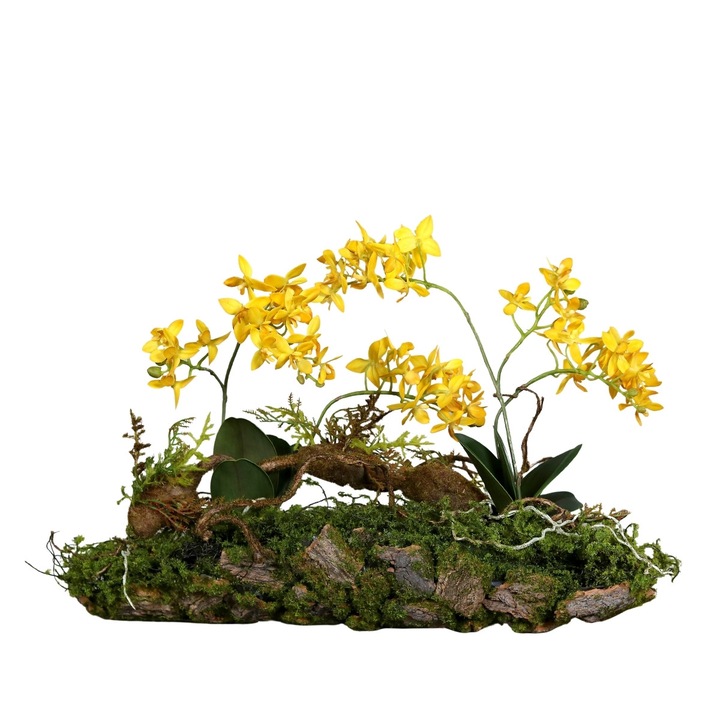 Изкуствена аранжировка с жълта орхидея, върху дървена основа с мъх, дължина 50 см