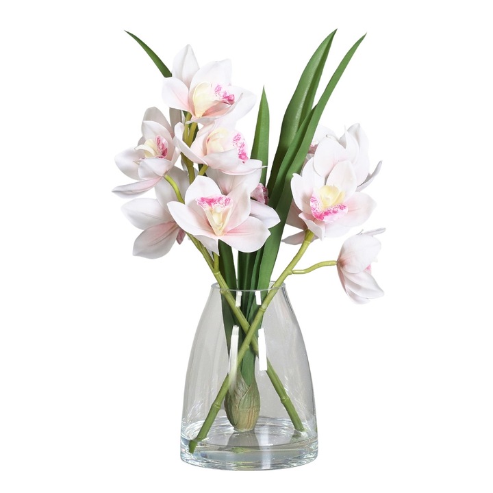 Aranjament premium cu orhidee artificiala Cymbidium roz pal in vas de sticla, inaltime 48 cm