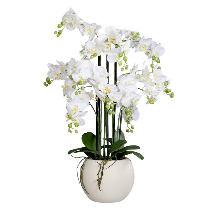 Aranjament cu orhidee artificiala alba in vas de plastic, inaltime 85 cm