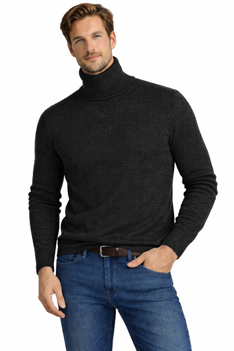 Pulover barbati, Jack & Jones, JORBLEECKER KNIT ROLL NECK, negru, tricot moale, guler rulat