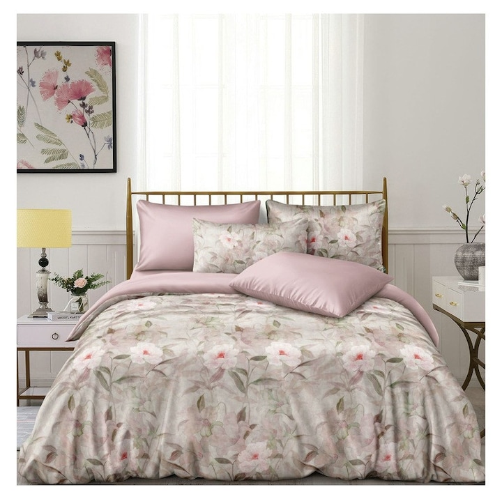 Lenjerie pentru pat dublu din satin premium, 4 piese, cearceaf cu elastic 180x200 cm, husa pilota 200x230 cm, 2 fete perna 55x80 cm, cod ST17