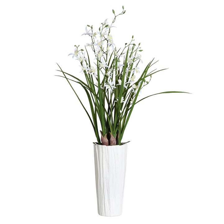 Aranjament cu orhidee artificiala Spider alba in vas ceramic, inaltime 92 cm