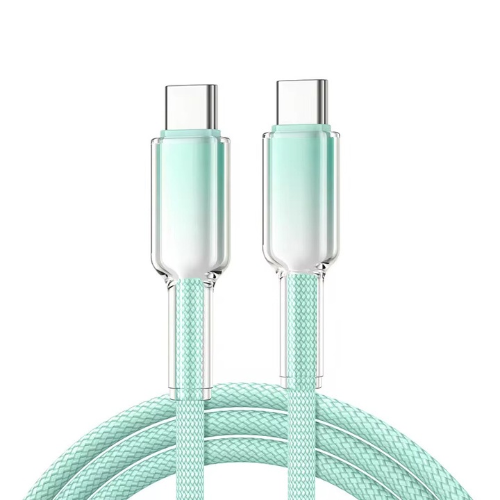 Cablu USB-C la USB-C 60W Incarcare Rapida, Nylon Braided Rezistent, Transfer Date Stabil, Conectori Intariti, Culoare Verde Menta, 1m