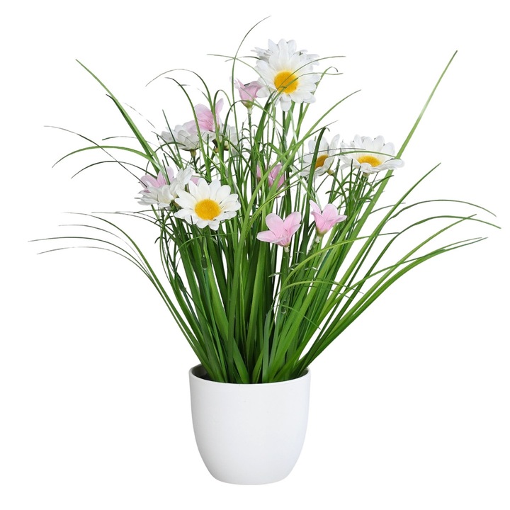 Aranjament flori de camp artificiale cu iarba in vas de plastic, inaltime 37 cm