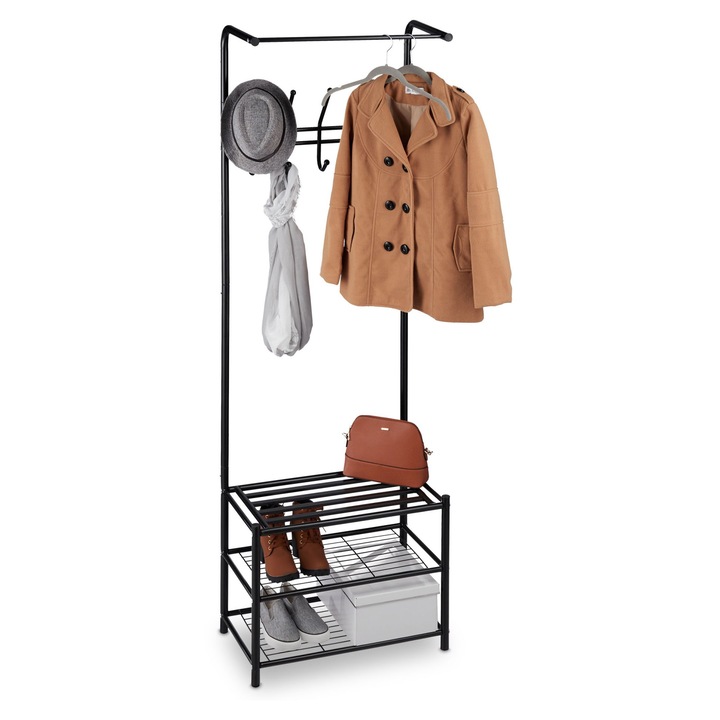 Cuier multifunctional Relaxdays, 3 rafturi pentru pantofi, 5 agatatori, suport pentru umerase, metal, Negru