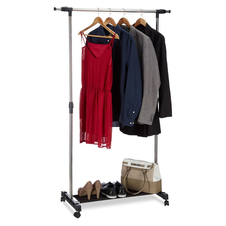 Стойка за дрехи Relaxdays с разтегателна горна релса, от неръждаема стомана, на колела, регулируема височина, за закачалки, поставка за обувки, сребриста