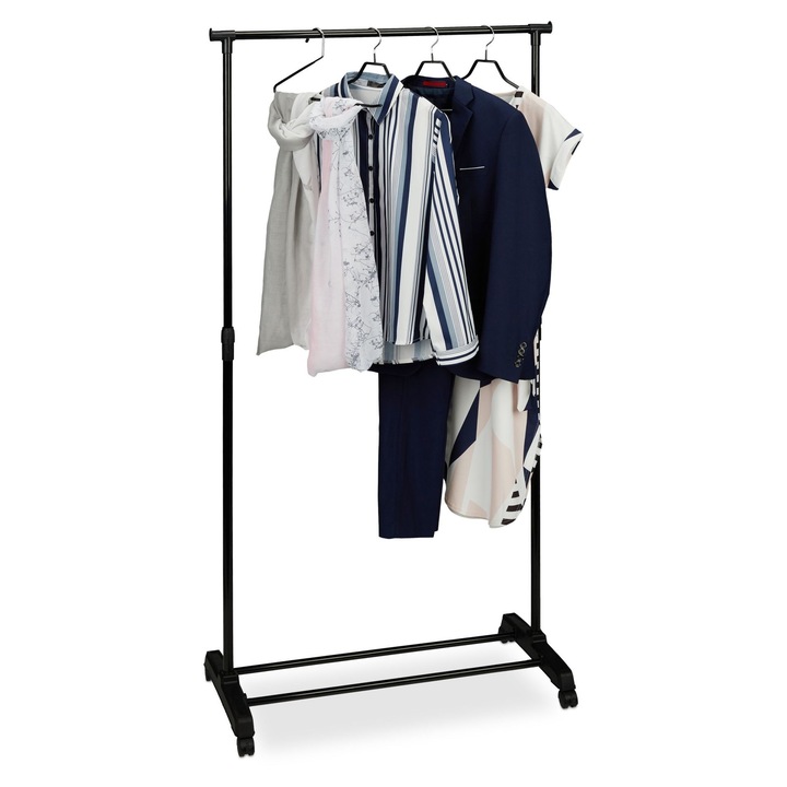 Relaxdays ruhatartó állvány, állítható magasságú, kerekekkel, 180,5 x 91 x 42 cm, fém, fekete