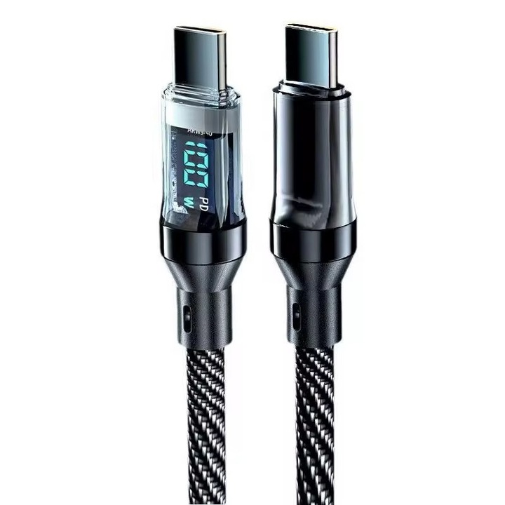 Cablu USB-C la USB-C 100W Fast Charge PD cu Display Digital, 5A, Transfer Date 480Mbps, Nylon Braided Rezistent, Lungime 1m