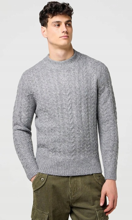 Férfi pulóver, Wrangler, CABLE KNIT, meleg, szürke, pamut, cipzár, M INTL