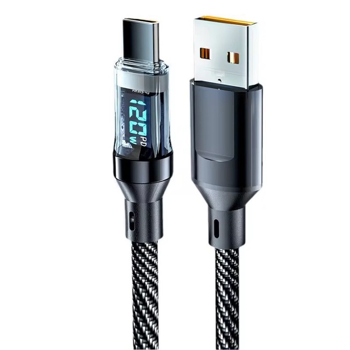 Cablu USB-A la USB-C 100W Fast Charge PD cu Display Digital, 5A, Transfer Date 480Mbps, Nylon Braided Rezistent, Lungime 1m