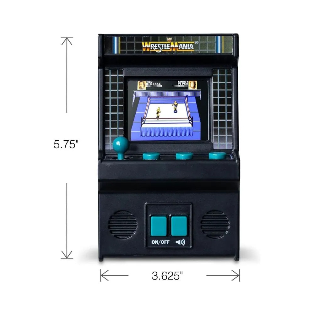 Mini consola verticala Classic WWE™ MyArcade, Basic Fun, portabila, destinata single player, grafica autentica arcade, display color LCD, gameplay original, difuzoare frontale, control volum, joystick/butoane stil retro, compatibila baterii 3 x AA, negru