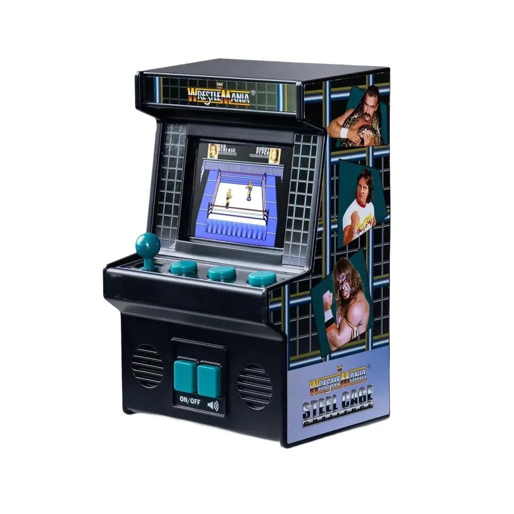 Mini consola verticala Classic WWE™ MyArcade, Basic Fun, portabila, destinata single player, grafica autentica arcade, display color LCD, gameplay original, difuzoare frontale, control volum, joystick/butoane stil retro, compatibila baterii 3 x AA, negru