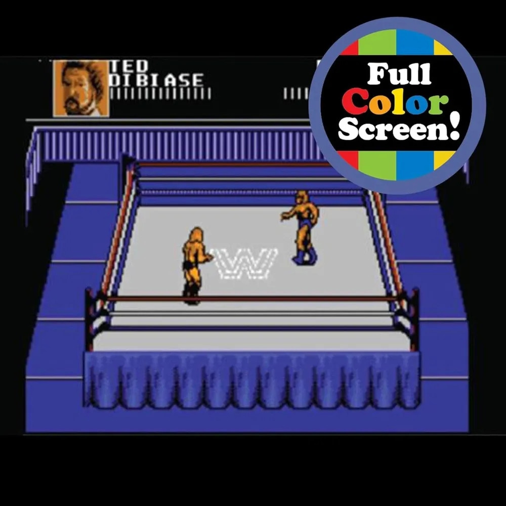 Mini consola verticala Classic WWE™ MyArcade, Basic Fun, portabila, destinata single player, grafica autentica arcade, display color LCD, gameplay original, difuzoare frontale, control volum, joystick/butoane stil retro, compatibila baterii 3 x AA, negru