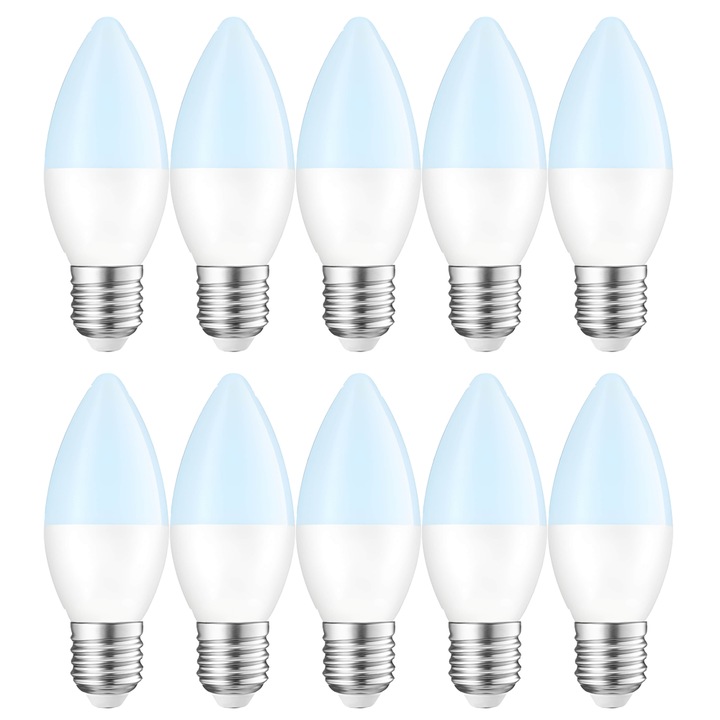 Set 10 Becuri LED E27 Teno®, durata de viata de 20.000 de ore, temperatura culoare 6400K, 6W, 450 lm, tensiune alimentare 220-240V, alb rece