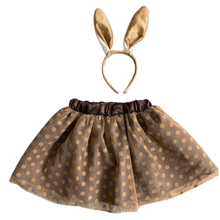 Set 2 accesorii costum iepure, fusta si urechi, bej cu alb, 4-6 ani, 105-116 cm