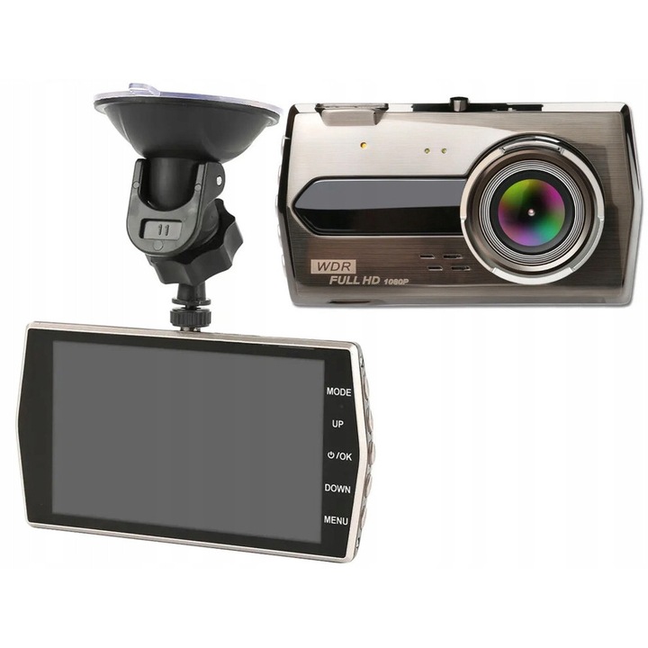 Camera auto DVR Full HD 1080P cu ecran LCD 4 inch, camera marsarier inclusa, unghi 170°, G-Sensor, detectie miscare, inregistrare in bucla, suport card microSD