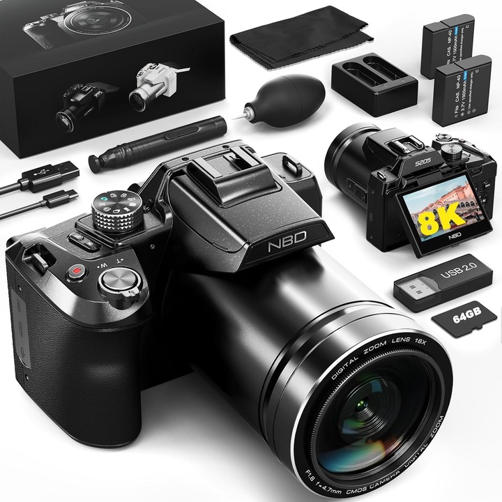 Aparat foto Digital NBD®, 2.8 inch IPS, 8K, 64MP, 64GB TF Card, 16X Digital Zoom, Negru
