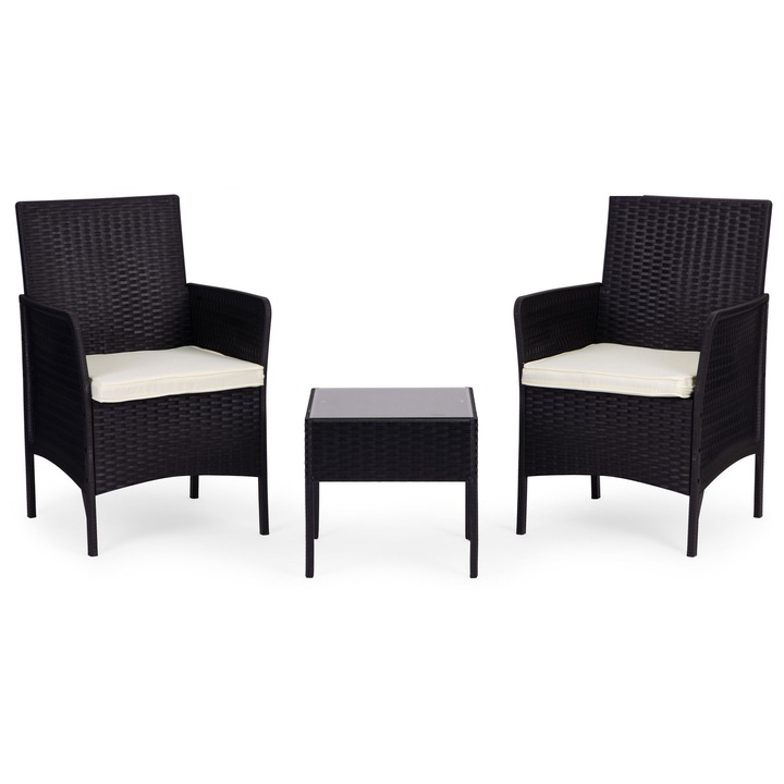 Set mobilier gradina Maxibuy.ro 2 persoane, masa cu blat sticla securizata, fotolii si perne incluse, negru, dimensiuni: 44.5x46.5cm, 46.5x47cm.