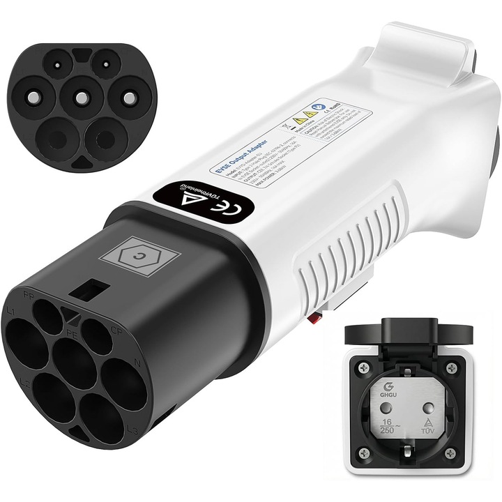 Adaptor mufa EV Type 2 la Schuko, IEC 62196 la priza 230V, 16A, 3.68 kW, IP44, pentru statii incarcare EV / Wallbox, biciclete si trotinete electrice