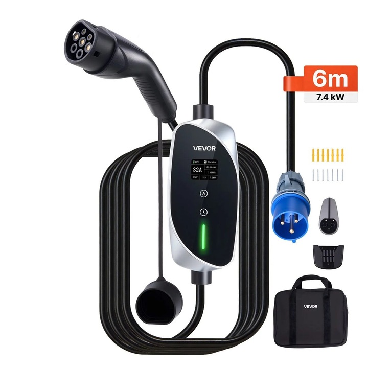 Incarcator portabil EV, Type 2 monofazat, 32A, Cablu de incarcare 6 m, 230 V, 7.4 kW, geanta de transport, IP66