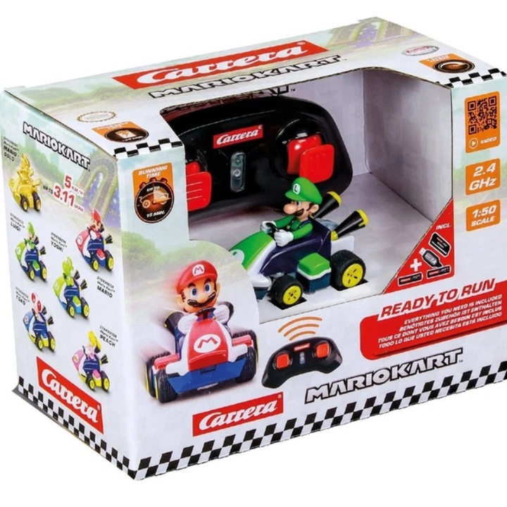 Masinuta RC Carrera Mario Kart Mini Luigi 2.4GHz, 1:50, 6cm, set cu baterii