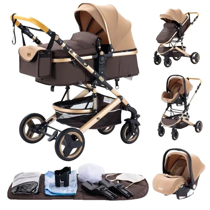 Carucior multifunctional 3 in 1, H530 Khaki, din bumbac, pliabil, capacitate de peste 20 kg