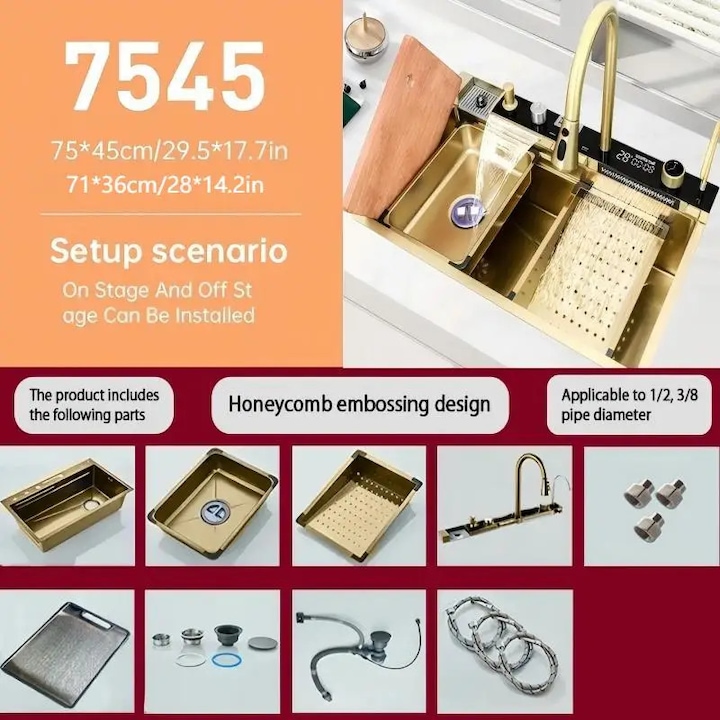 Chiuveta bucatarie, inox, robinet retractabil, aurie, 75x45cm