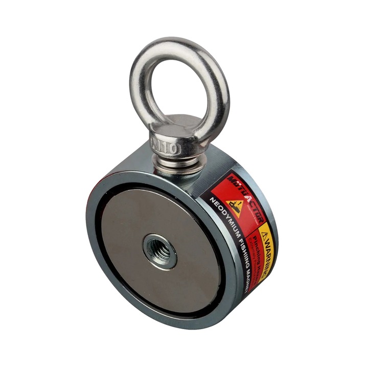 Magnet cu forta magnetica 200KG, set complet cu franghie de 15m, manusi si geanta, diametru 48mm, grosime 22mm