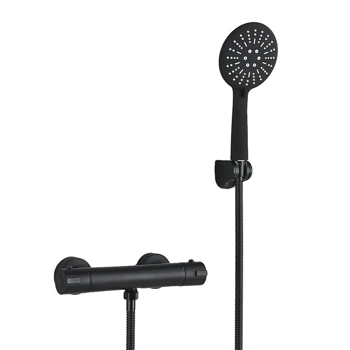 Fekete, 5-17cm-es termosztatikus csaptelep, sárgaréz csappal, hosszú kifolyócsővel és zuhanyfejjel