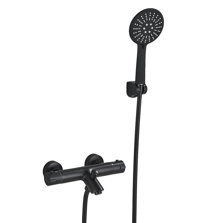 Zuhanycsaptelep szett, termosztatikus, sárgaréz csappal, hosszú kifolyóval, fekete, állítható távolság 5-17 cm