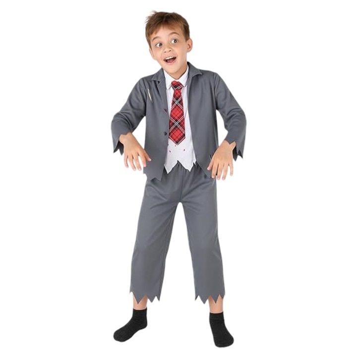 Costum Zombie pentru copii, 9-11 ani, gri cu accente intunecate, set complet