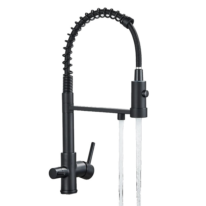 Fekete matt, kihúzható zuhanyfejes, munkalapra szerelhető csaptelep sárgaréz kivitelben