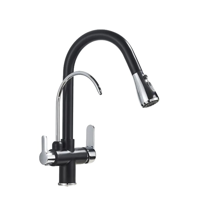 Csaptelep, kihúzható kifolyócső, kétkaros kivitel, fekete króm