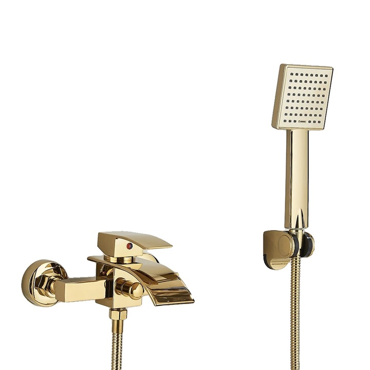 Baterie sanitara, constructie din alama, design contemporan, aurie, set dus pentru baie, control apa calda si rece, maner unic