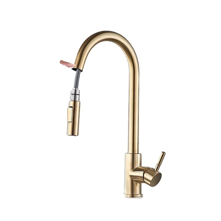 Szaniter csaptelep, modern design, kihúzható kifolyó, szálcsiszolt arany, egylyukú rögzítés