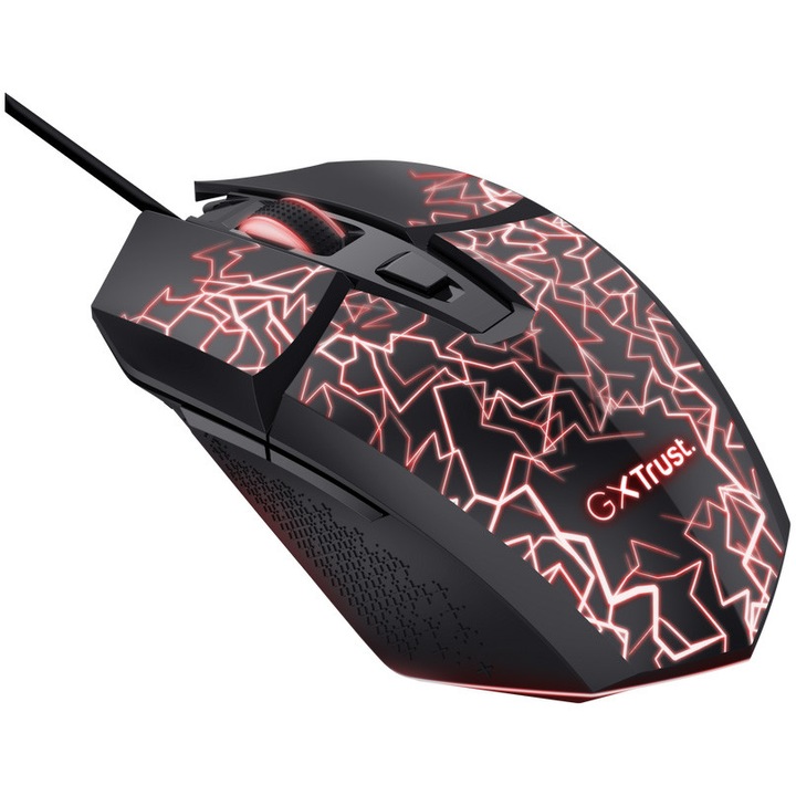 Mouse gaming cu fir Trust GXT1113 VYLAX, 6 butoane programabile, software, iluminare LED multicolora, 200-6400 DPI, cablu USB de 1,5 m, mouse iluminat RGB pentru PC, laptop, Windows, negru