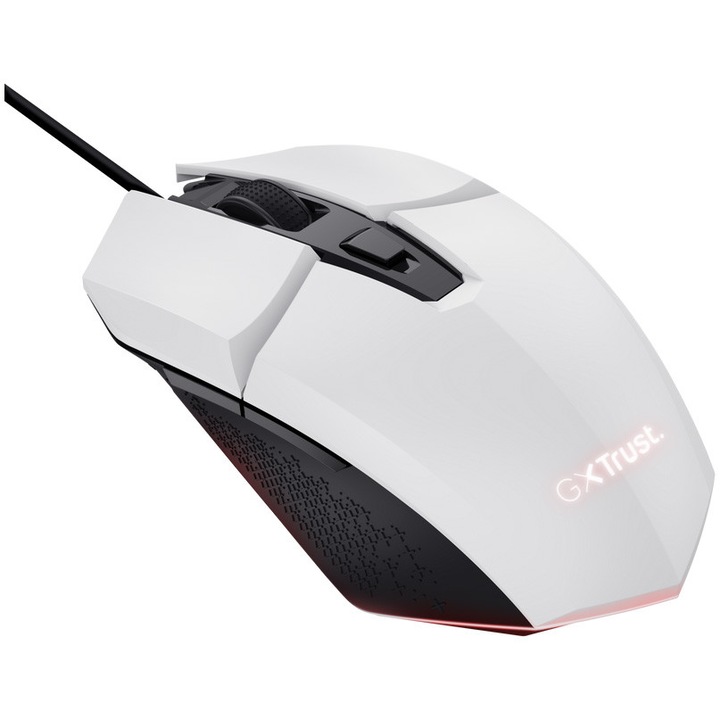Mouse gaming cu fir Trust GXT1109 VYLAX, 6 butoane programabile, software, iluminare LED multicolora, 200-6400 DPI, cablu USB de 1,5 m, mouse iluminat RGB pentru PC, laptop, Windows, alb