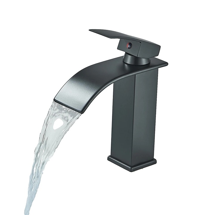 Csaptelep, vízesés kialakítású, matt fekete, mosdópultra szerelhető, egykaros