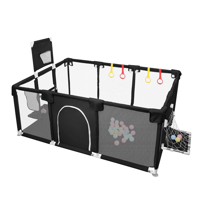 Бебешка кошара за игра, XXL, 180×120×66 см, 50 топки, футболна врата и баскетболен кош, 4 халки за хващане, дишаща мрежа, метална рамка, черна