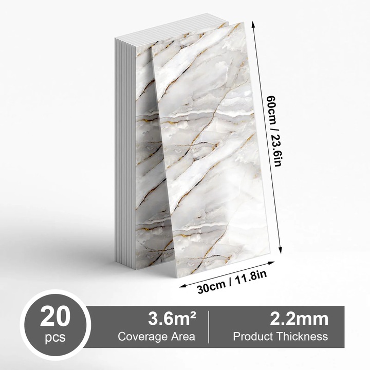 Dekoratív matricák, 20 darabos készlet, vízálló, könnyű telepítés, márvány design, 30x60cm